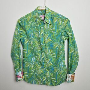 Lilly Pulitzer Button Down Shirt Sz 2 Seaweed Green Daisy Flip Cuff Long‎ Sleeve
